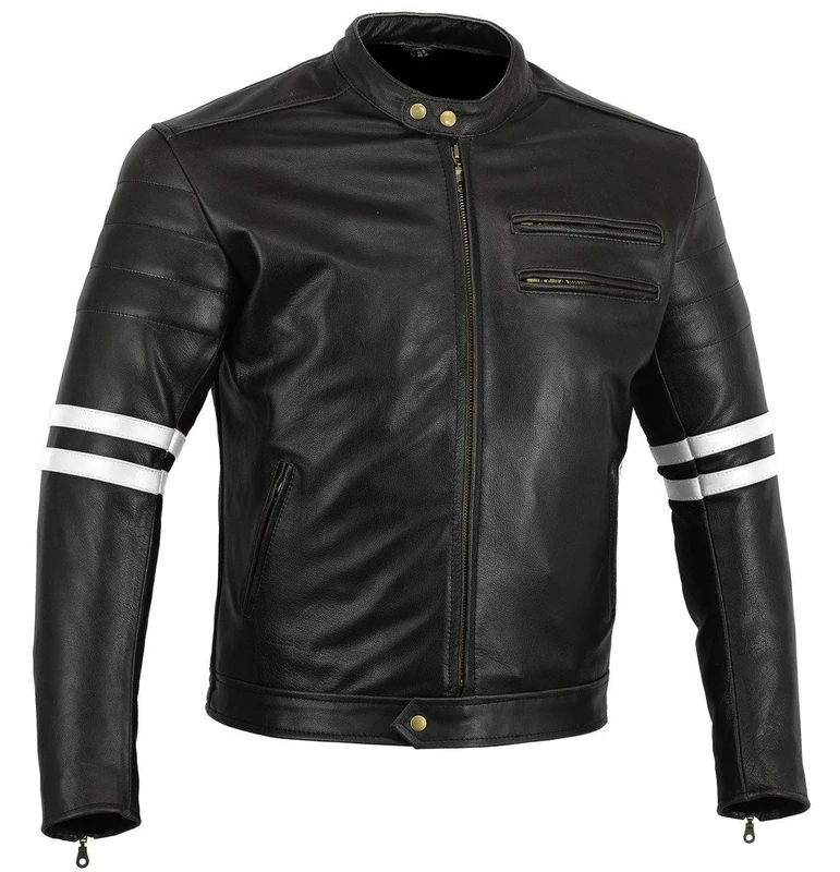 Bikers Gear The Rocker Motorcycle Black Leather Cafe Racer Jacket CE1621-1 PU Armour, White, UK 40 EU 50 Large