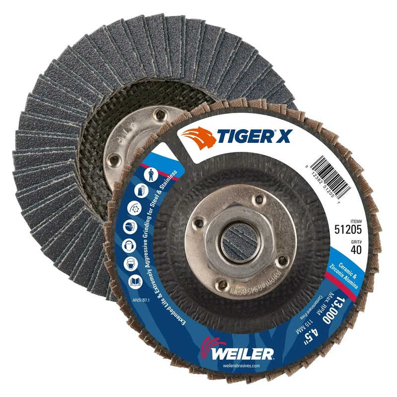 Weiler 51205 Tiger x Flap Disc, 4 1/2 in Angled, 40 Grit, 5/8 in - 11 Arbor, Dark Gray, Type 29 5/8"-11 Hub, Made in The USA (Pack of 10)