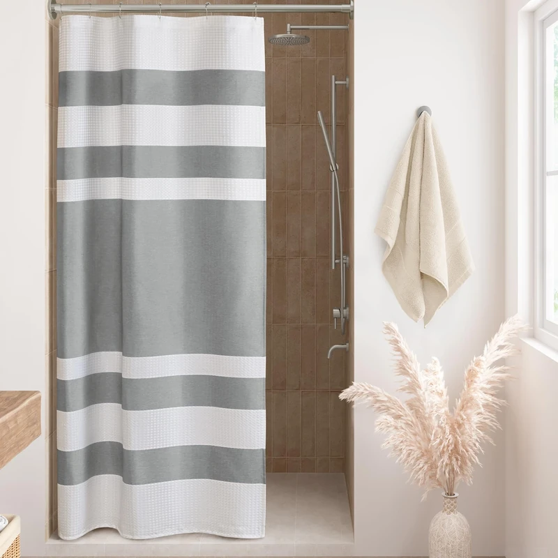 Madison Park Shower Curtain Waffle Weave Striped Pieced Design Fabric Shower Curtains for Bathroom with 3M Scotchgard Moisture Management Premium Spa Quality Modern Standard 72"x72" Grey