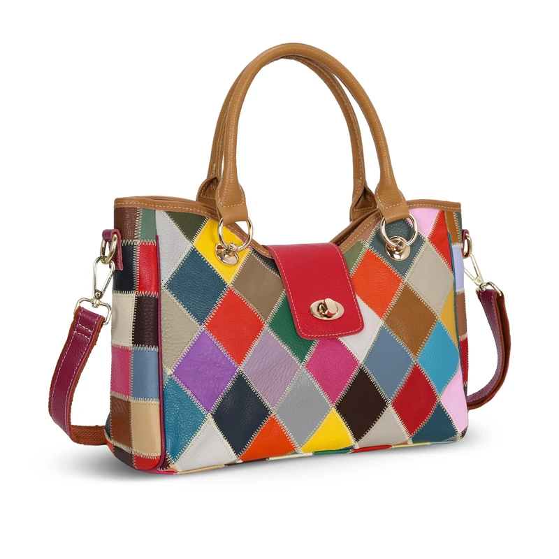 HESHE Genuine Leather Shoulder Bag Multi-Color Purses for Women Top-Handle Handbags Designer Colorful Tote Bags, Colorful-2b4008, S