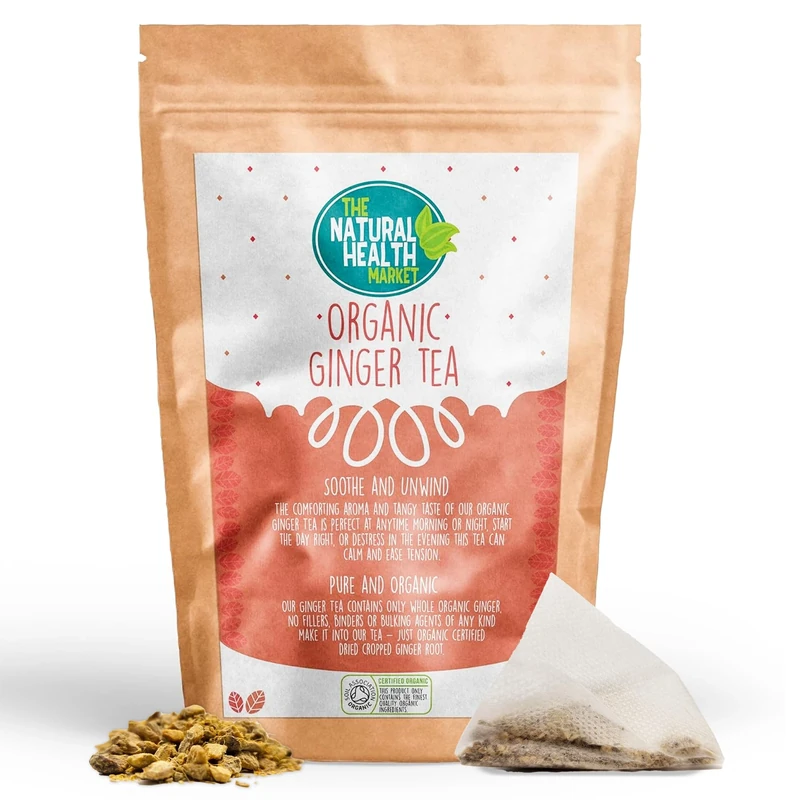 The Natural Health Market, Organic Ginger Tea Bags - 10 Count | Digestive Support & Metabolism Boost | Made in Britain | Climate Pledge Friendly | Herbal & Vegan Tea with Compostable Pyramid Bags