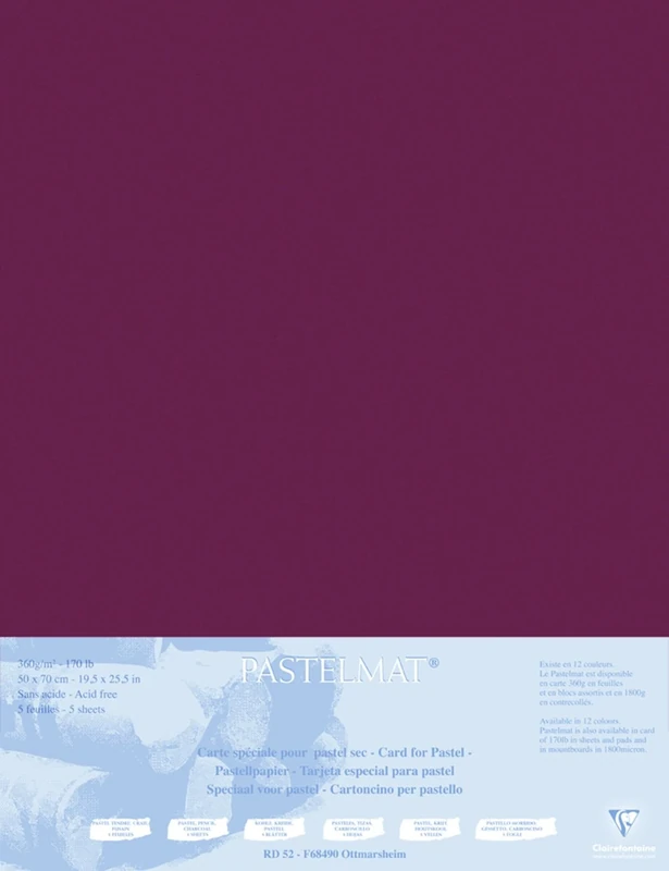 Clairefontaine - Ref 496016C - Pastelmat Mounted Board (5 Sheets) - 1800 Microns - 50 x 70cm - Burgundy Colour - Specially Formulated For Use With Pastels