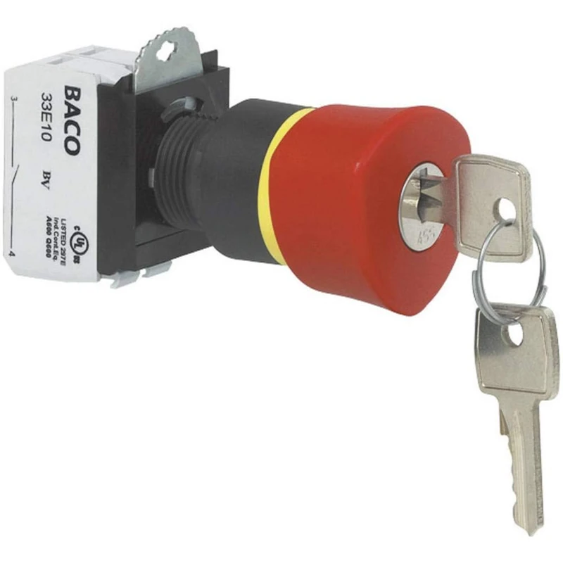 BACO L22GR01B Emergency Stop Switch Front Ring Plastic Black with Status Indicator 600V 10A IP69K 1 Piece