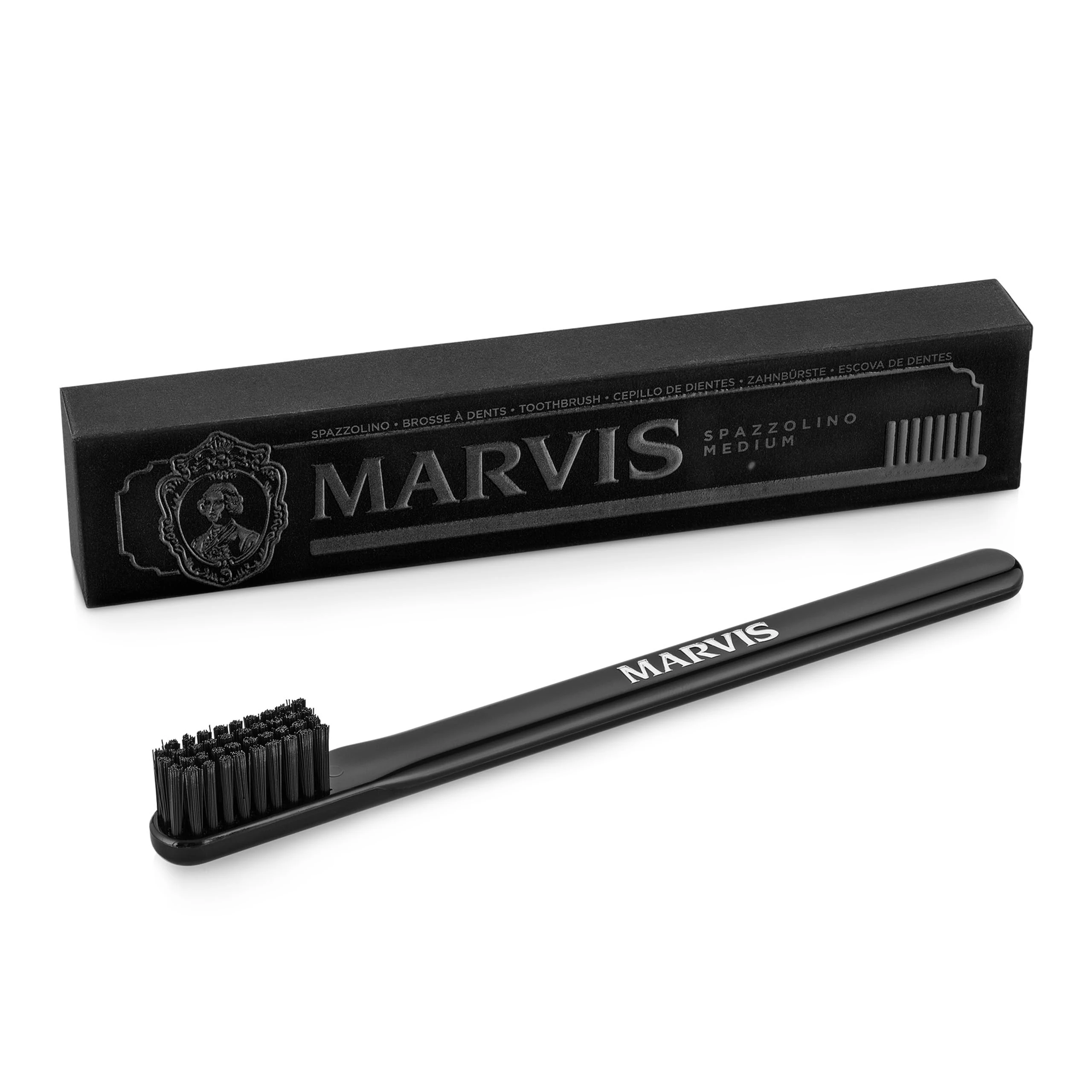 Marvis Toothbrush, Black, Plastic Toothbrush with Clear Travel Toothbrush Head Cover, Effectively Breaks Up Plaque and Tartar