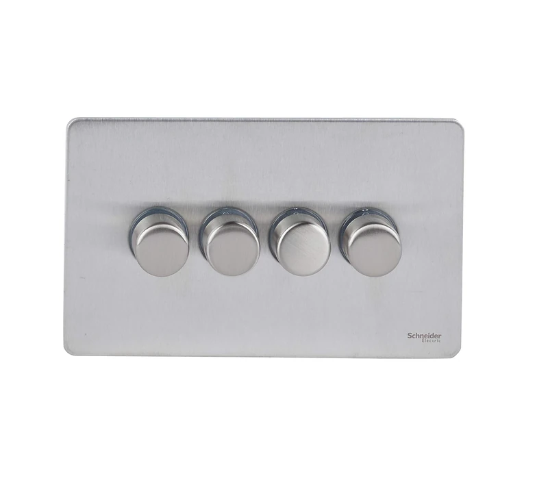 Schneider Electric Ultimate Screwless Flat Plate - 4 Gang 2 Way LED Dimmer Light Switch, 75W/VA, GU6442LSS, Stainless Steel