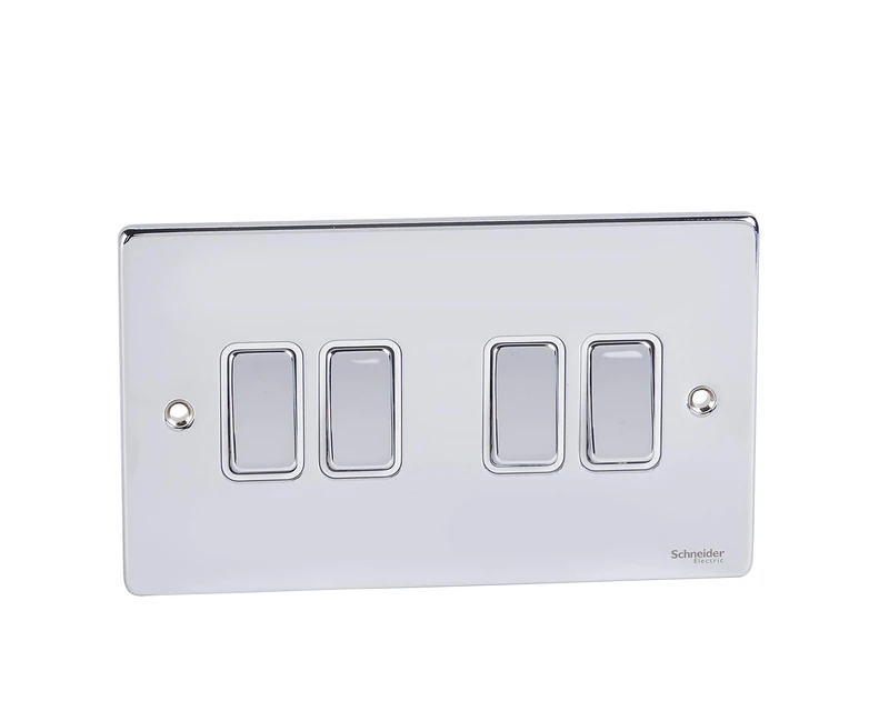 Schneider Electric GU1542WPC Ultimate Low Profile Polished Chrome White Insert 4 Gang 2 Way 16AX Plate Switch