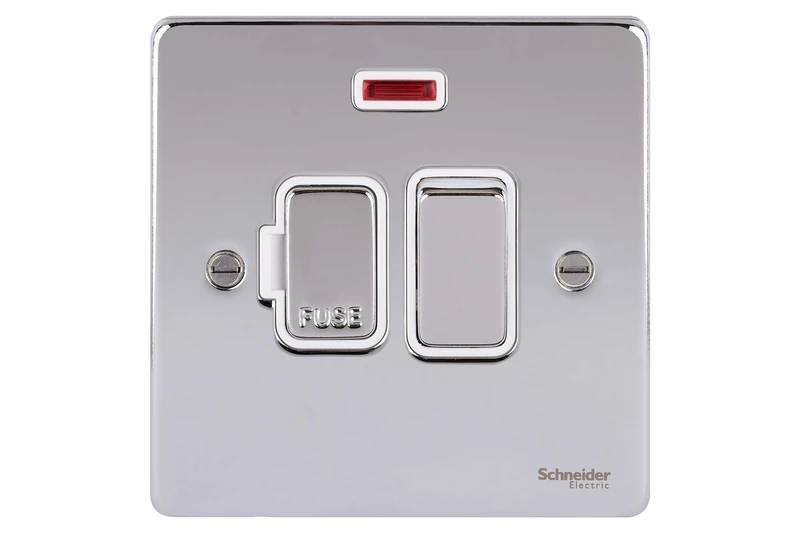 Schneider Electric Ultimate Low Profile - Switched Single Fused Connection Unit, with Neon Indicator, 13A, GU5511WPC, Brushed Chrome with White Insert