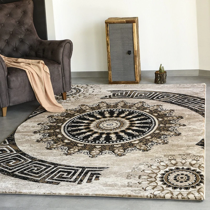 VIMODA tibet6447 Carpet Classic Patterned Circle Dich Woven Mottled Ornaments Pattern Brown/Beige/Black - multicoloured, 120 x 170 cm - Image 1