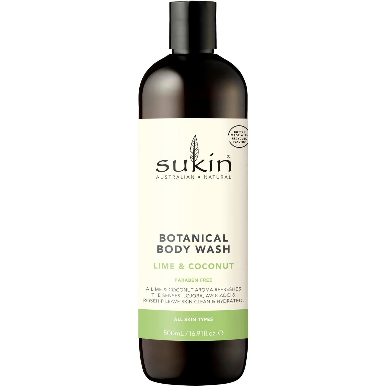Sukin Soap-Free, Lime & Coconut Botanical Body Wash 500ml - stimulates the senses with zesty citrus & Coconut while leaving skin clean and fresh - with Essential Oils; cruelty free & vegan friendly.
