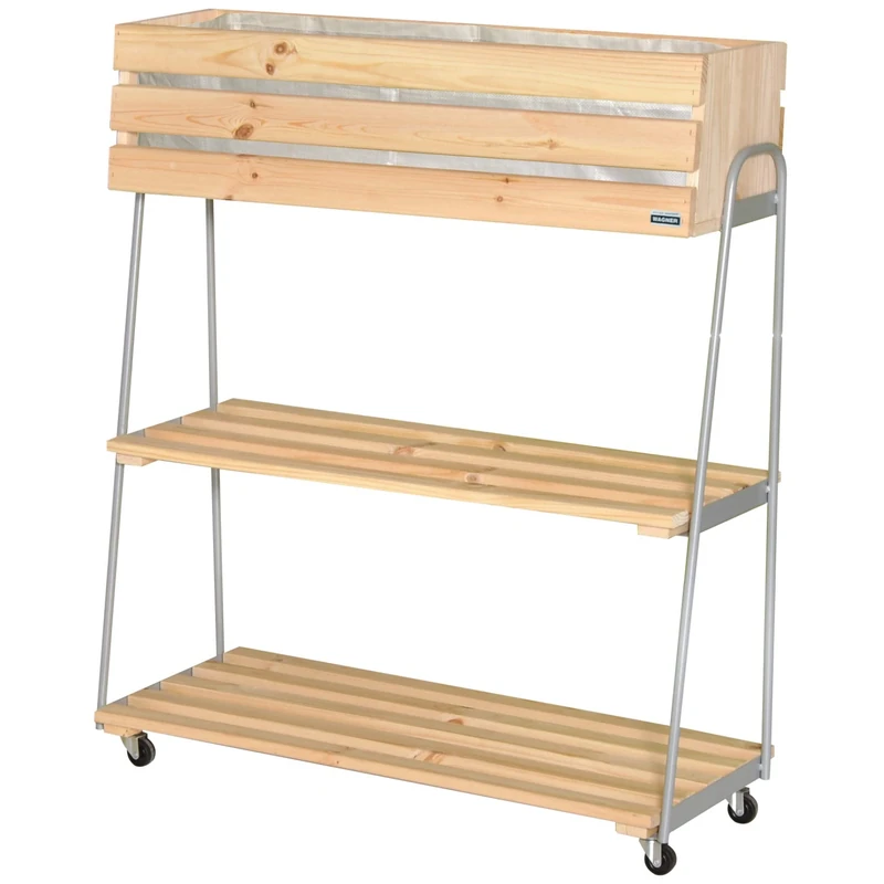 WAGNER GreenFAMILY - Mobile raised bed - GreenRACK - coniferous wood, solid wood FSC®, natural/metal, 87 x 103 x 35/24 cm, 2 shelves, 4 castors, incl. plant bag - 25025001