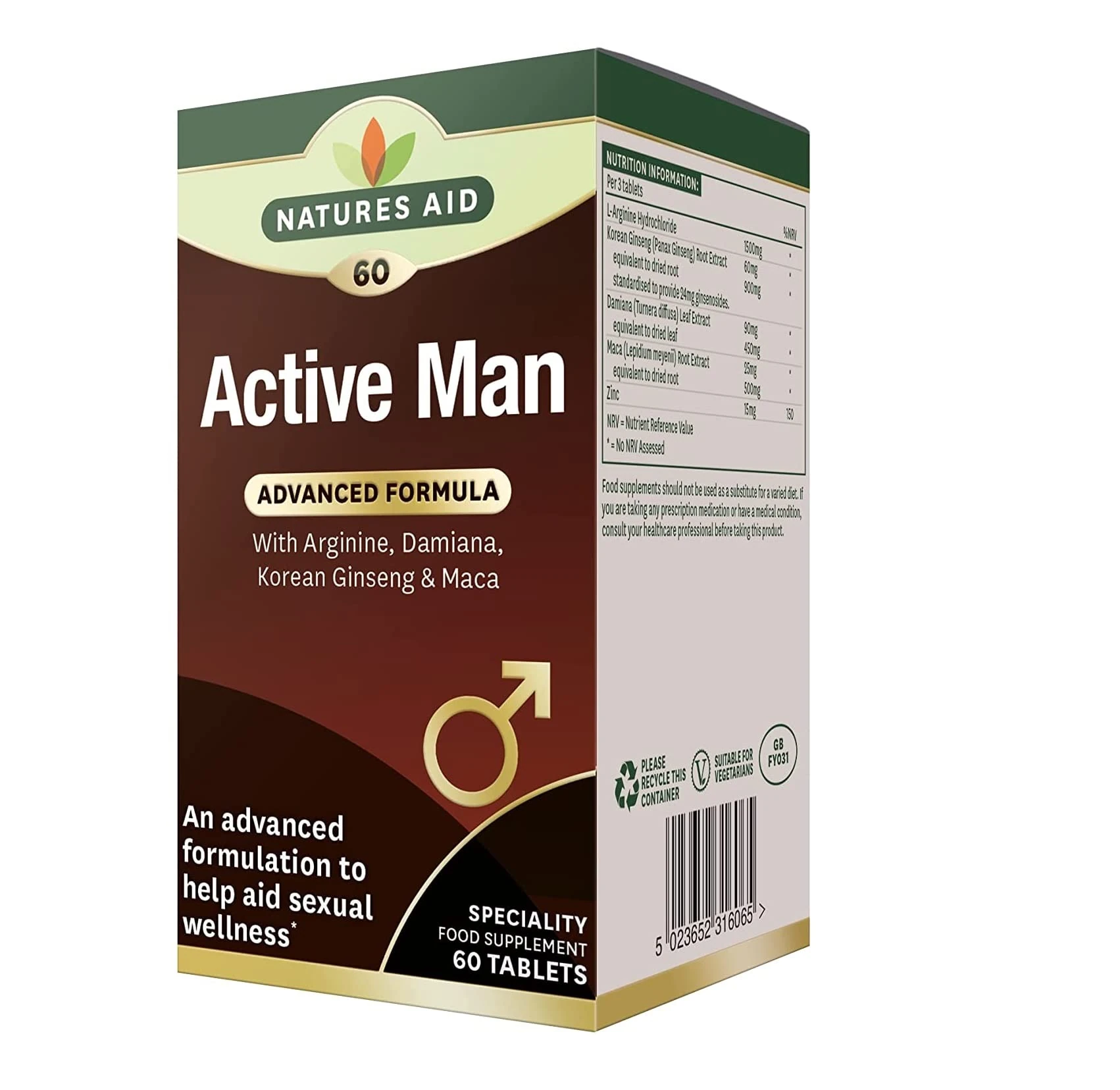 Natures Aid Active Man Tablets - High Strength Supplement with Zinc Maca Ginseng and Damiana - Supports Men’s Health Energy Vitality Immunity and Performance - Vegan Gluten Free Non-GMO - 60 Tablets