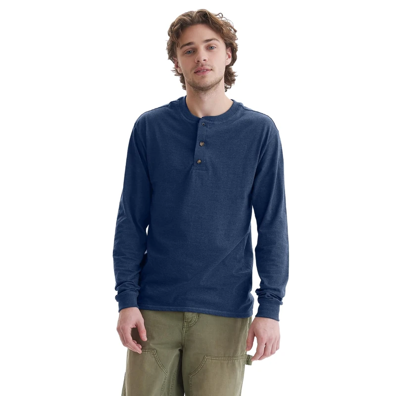 Hanes Mens Beefy Long Sleeve Three-button Henley-shirts, Hanes Navy Heather, L UK