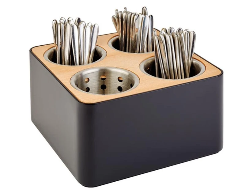 Cutlery basket 27 x 27 cm, H: 15 cm SAN, black, wood