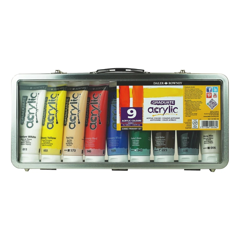 Daler-Rowney Graduate 120ml Acrylic Paint Set, 9 Assorted Colours, High Lightfastness, Water-Based, Solvent-Free, Ideal for Student Artists & Hobbyists