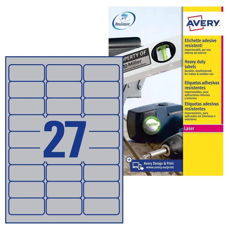 Avery Zweckform L6011-100 self-Adhesive Label - self-Adhesive Labels (Silver, Rectangle, 63.5 x 29.6mm, A4, PVC, Polyester, Matte)