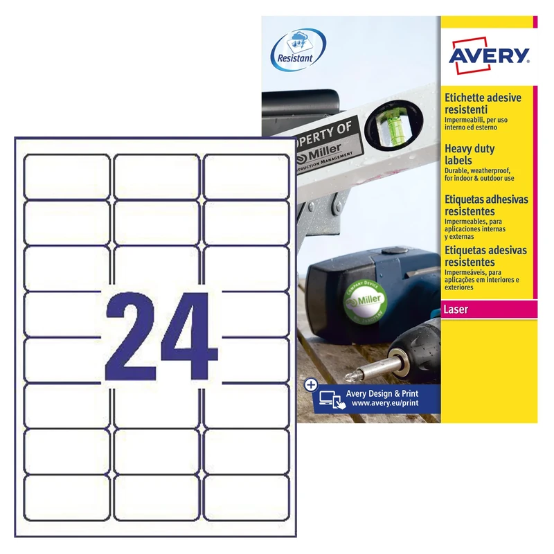 Avery Zweckform L4773-100 Weatherproof Film Label 2.400 Stück, 63,5 x 33,9 mm weiß