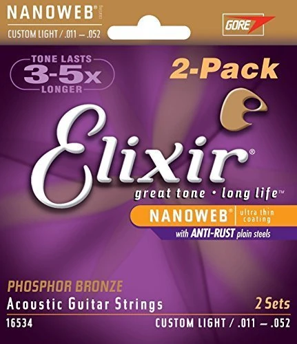 Elixir Phoshor Bronze Acoustic Guitar Strings - Custom Light Twin Pack .011" - .052" (with 6 free plectrums)