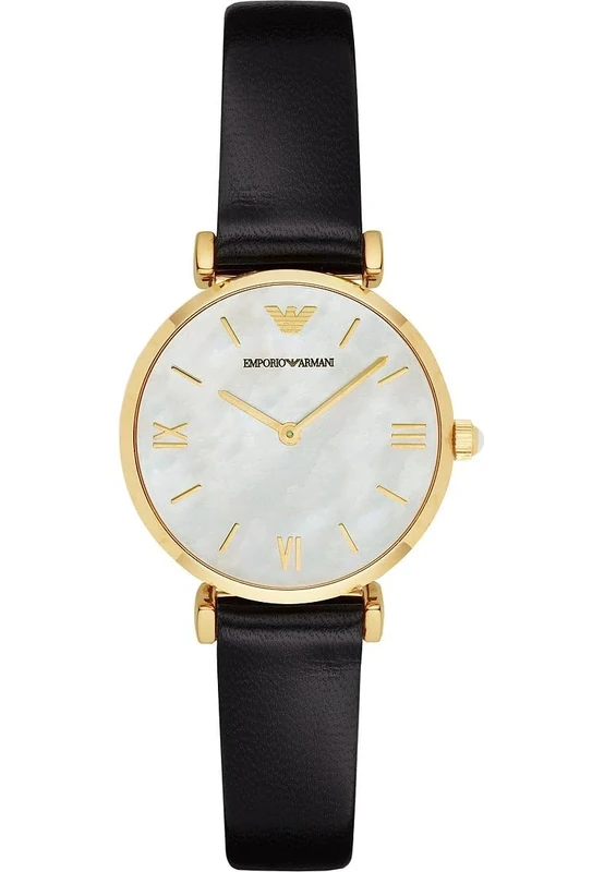 Emporio Armani Gianni T-Bar Womens Quartz Watch with Mother of Pearl Dial and Black Leather Strap AR1910
