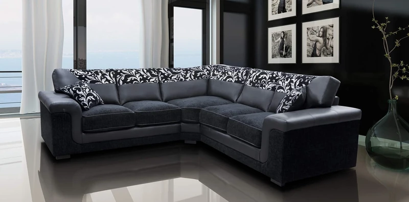 Sofas and More Harmony Corner Sofa Black Faux Leather Fabric Settee