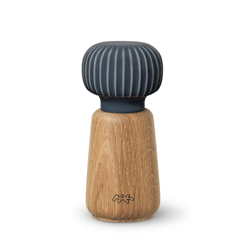 Kähler Hammershoi Salt and Pepper Mill Made of Wood and Porcelain Head, Modern Spice Mill to Turn with Groove Design, Anthracite Grey, 18.5cm