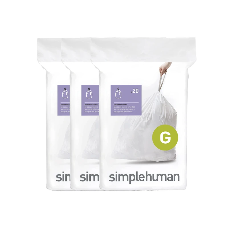 simplehuman CW0257 code G Custom Fit Bin Liner Bulk Pack, White Plastic (3 Pack of 20, Total 60 Liners)