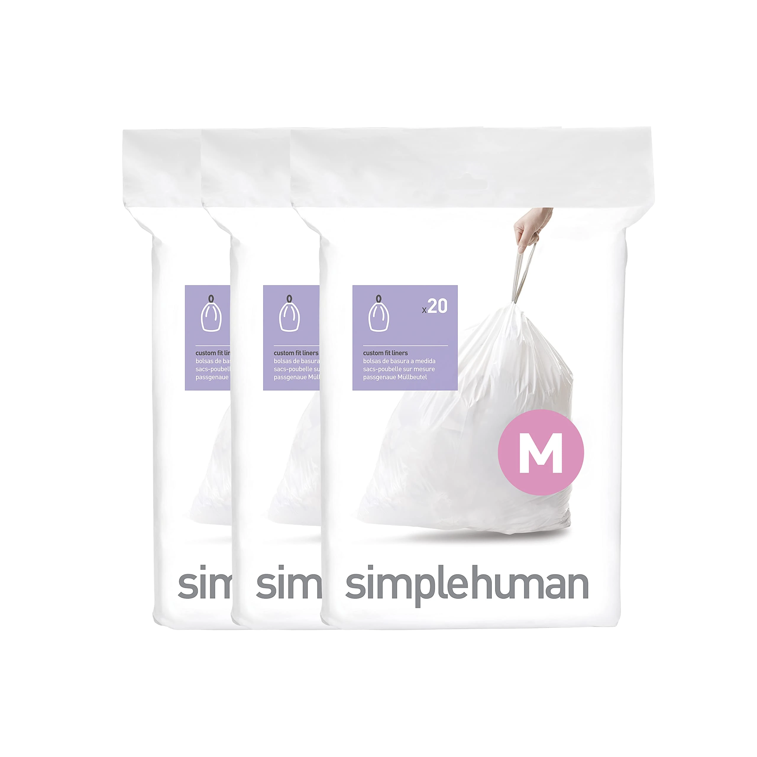 simplehuman CW0261 code M Custom Fit Bin Liner Bulk Pack, White Plastic (3 Pack of 20, Total 60 Liners)
