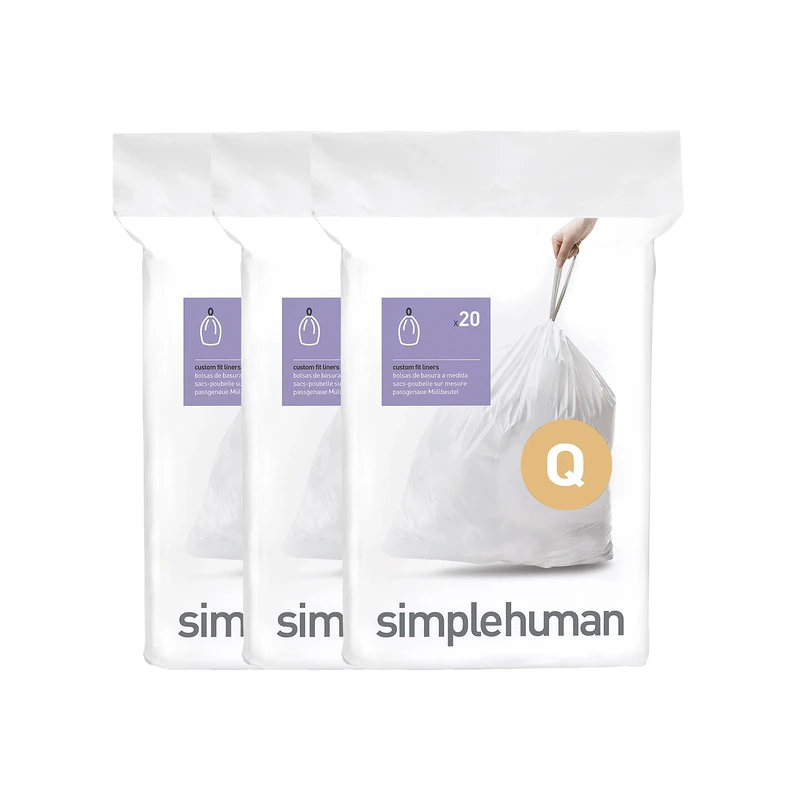 simplehuman CW0264 code Q Custom Fit Bin Liner Bulk Pack, White Plastic (3 Pack of 20, Total 60 Liners)