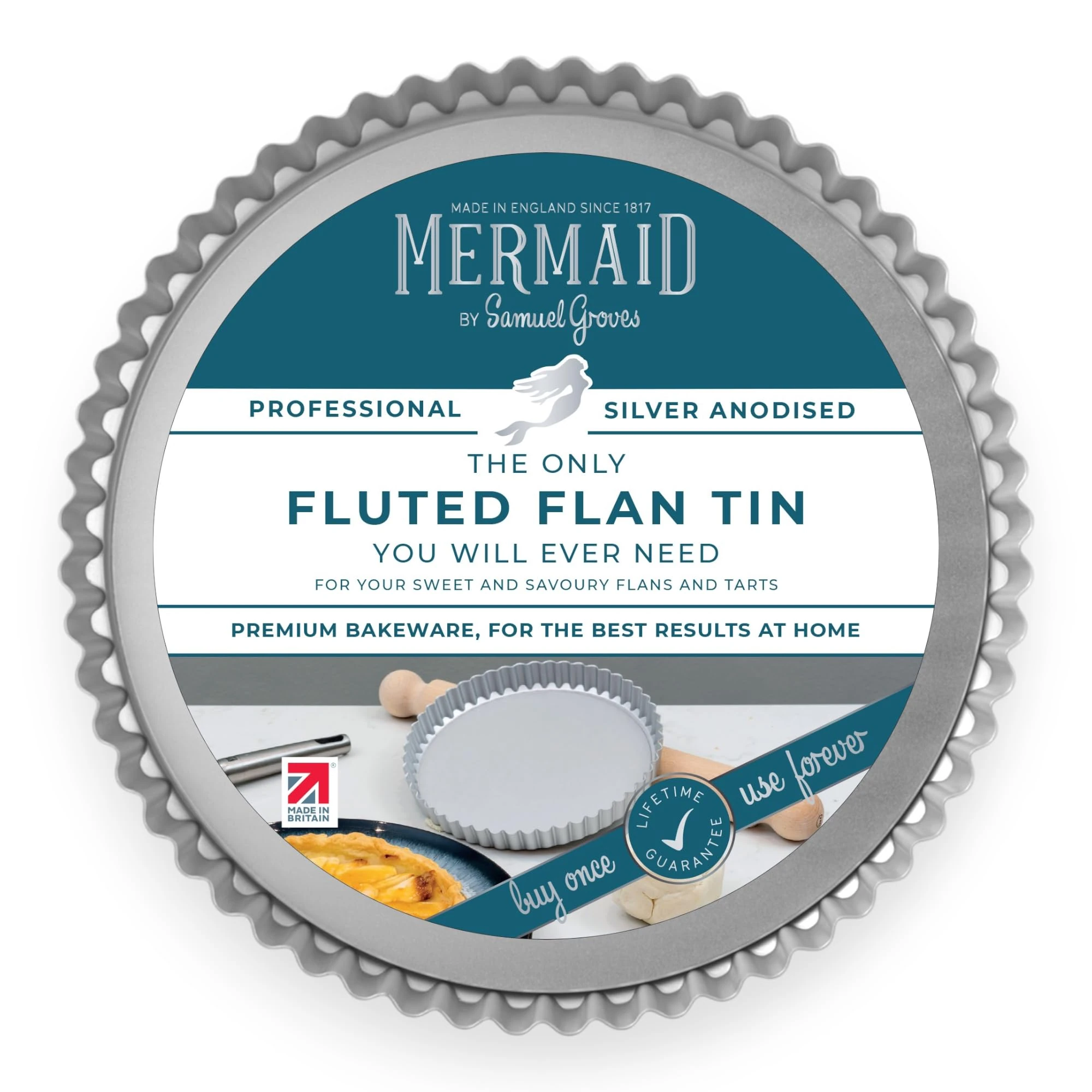 Mermaid 10" Silver Anodised Fluted Flan Tin Loose Base 25.5 x 2.5 cm – Non Toxic Professional Heavy Duty Aluminium, Naturally Non Stick, Silver Anodised Bakeware - Made in England by Samuel Groves