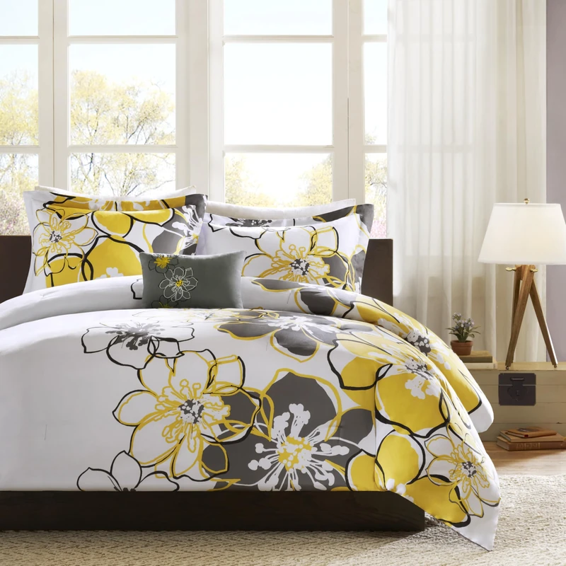 MI ZONE KIDS Allison Comforter Set Fun Bedroom Décor Modern All Season Floral Vibrant Color Cozy Bedding Layer, Matching Sham, Decorative Pillow, Full/Queen, Yellow/Grey Duvet Cover