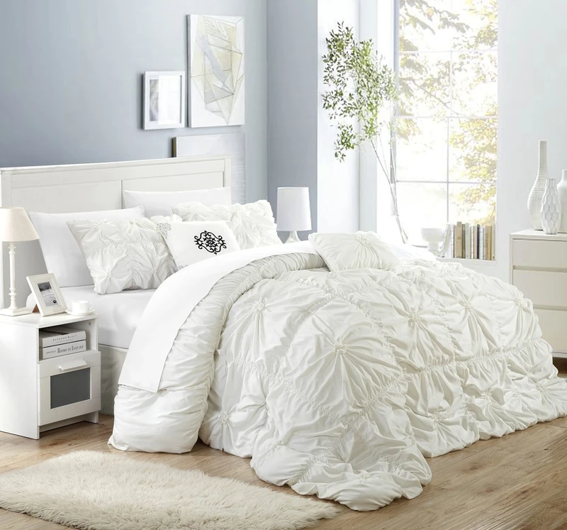 Chic Home CS1430-AN Halpert Floral Pinch Pleat Ruffled Designer Embellished King Comforter Set, 6-Piece, White