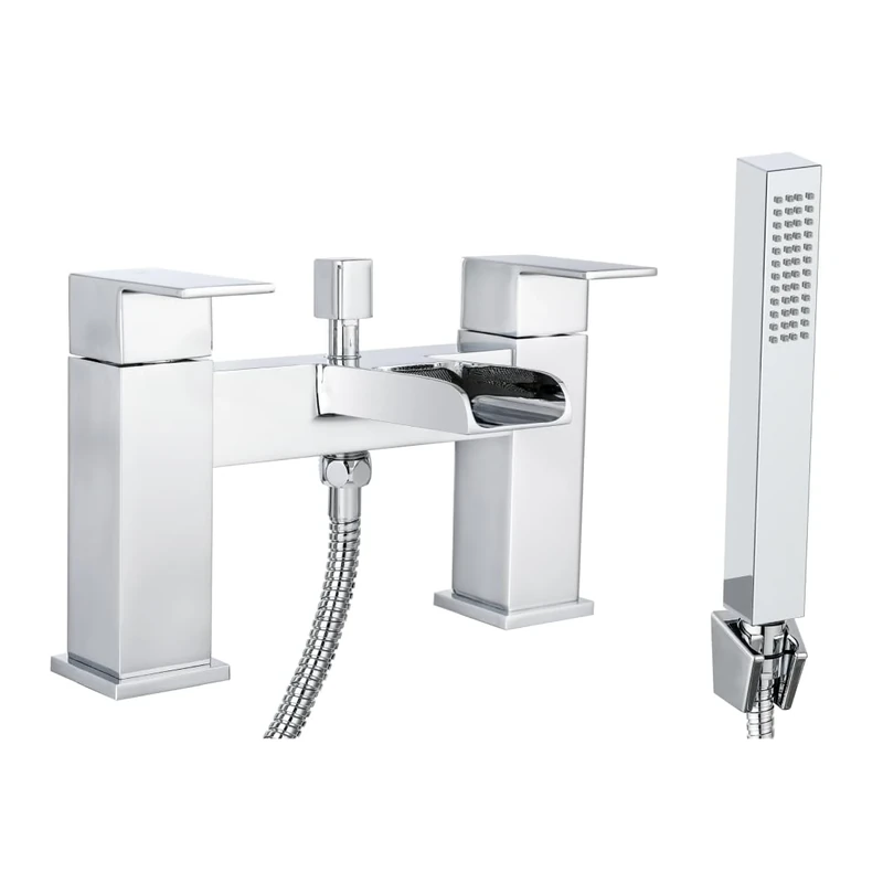 Veebath Square Waterfall Bath Shower Mixer Filler Tap Kit, Hot and Cold Taps, Dual Lever Tap with Shower Attachment, Square Bathroom and Basin Taps - Chrome,G3/4"