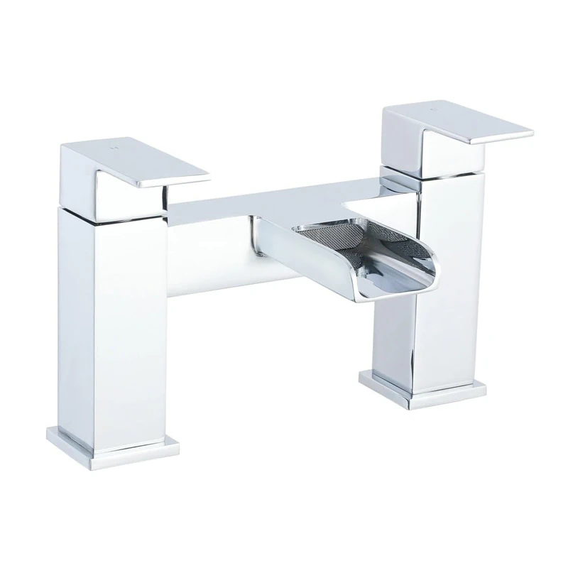 Veebath Double Square Waterfall Bath Filler Mixer Tap, Deck Mounted with Hot and Cold Indicators, Square Bathroom Taps Pair, Chrome G3/4", Modern Square Design
