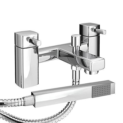 VeeBath OBA72 Oldham Soft Square Monobloc Double Lever Bath Mixer Tap Bathroom Tub Filler Brass Faucet with Shower Head-Chrome