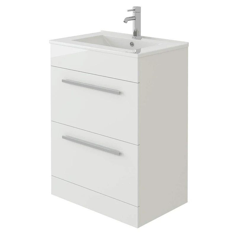 VeeBath Venus 600 Vanity Unit, Wash Basin Bathroom Sink, Soft Close Drawer and Flap, Cloakroom Wall Mounted Storage Cabinet- White,Slim Edge (Flat Pack)