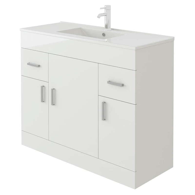 VeeBath VUMW100 Sphinx High Gloss White Free Standing Basin Vanity Cabinet Unit & Rectangular Sink - 1000mm