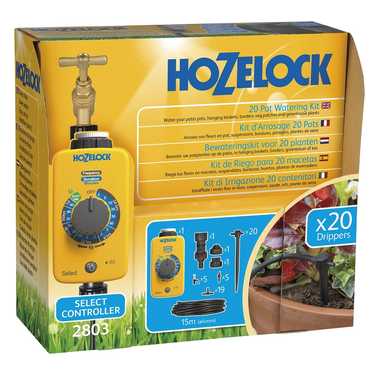 HOZELOCK - Drip Watering Kit 20 Pot : Complete Stand-alone System with Select Controller Programmer, Ideal for Potted Plantsand Window Boxes, for Precise, Water-saving Watering [2803 0000]