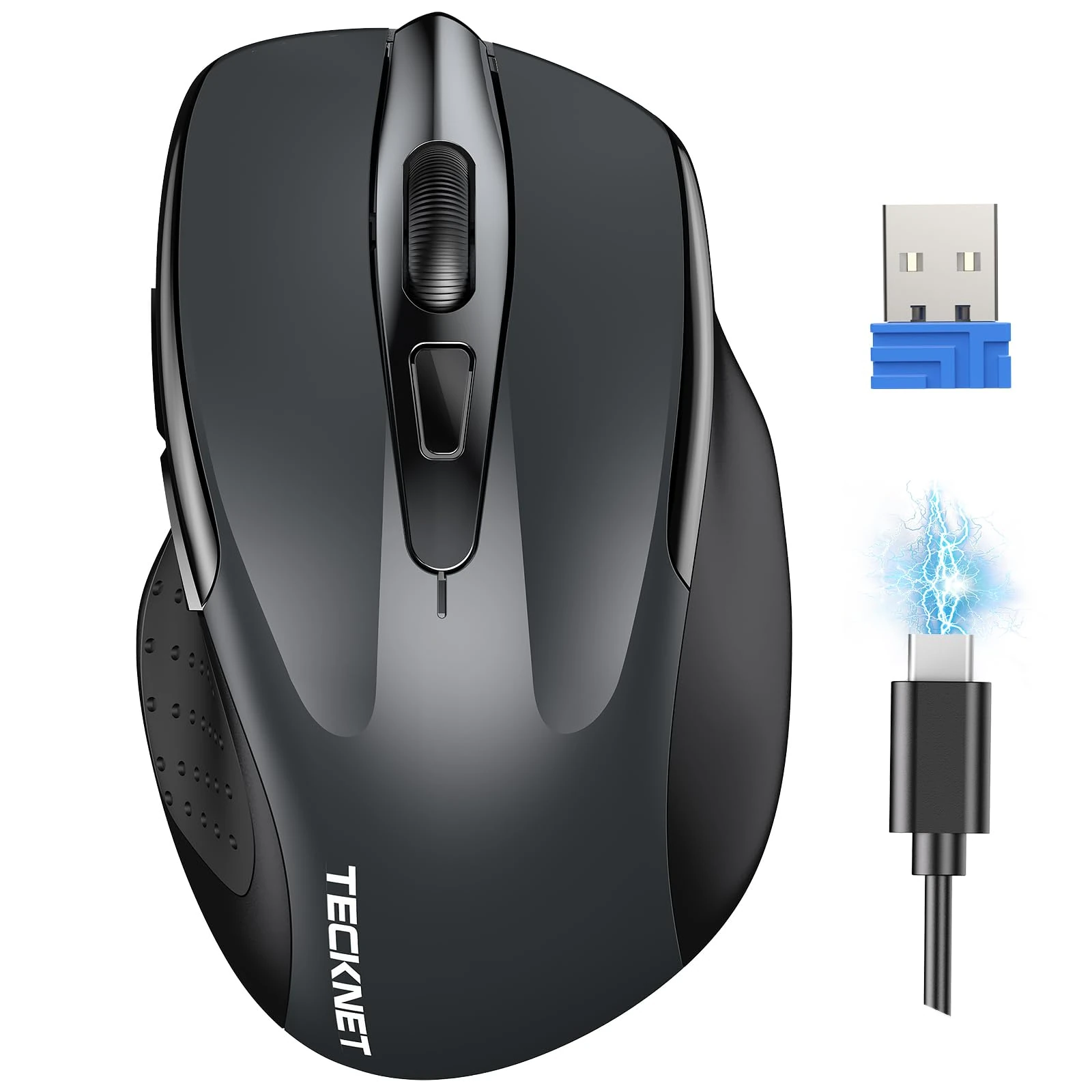 TECKNET Rechargeable Wireless Mouse, 2.4G Computer Mouse Cordless with USB Receiver, 4800DPI Adjustable Wireless Ergonomic Mouse for Laptop PC Windows Mac OS, Silent Click, Grey