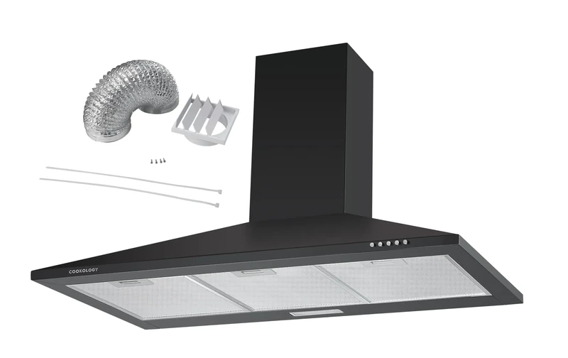 Cookology CH900BK/A 90cm Chimney Cooker Hood Extractor Fan 900mm with DK1M150 Ducting Kit, Energy Rated A, 3 Speed, Kitchen Wall Mounted Range Hood, Adjustable Height, External Ventilation - Black
