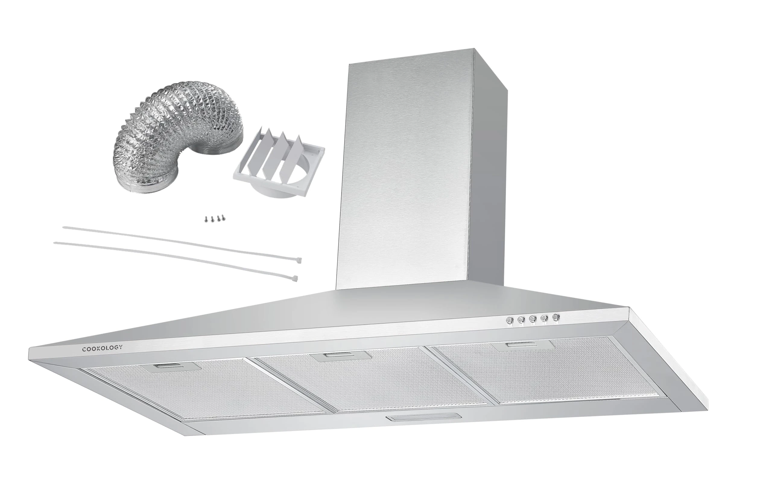 Cookology CH900SS/A 90cm Chimney Cooker Hood Extractor Fan with DK1M150 Ducting Kit, Energy Rated A, 3 Speed, Kitchen Wall Mounted 900mm, Adjustable Height, External Ventilation - Stainless Steel