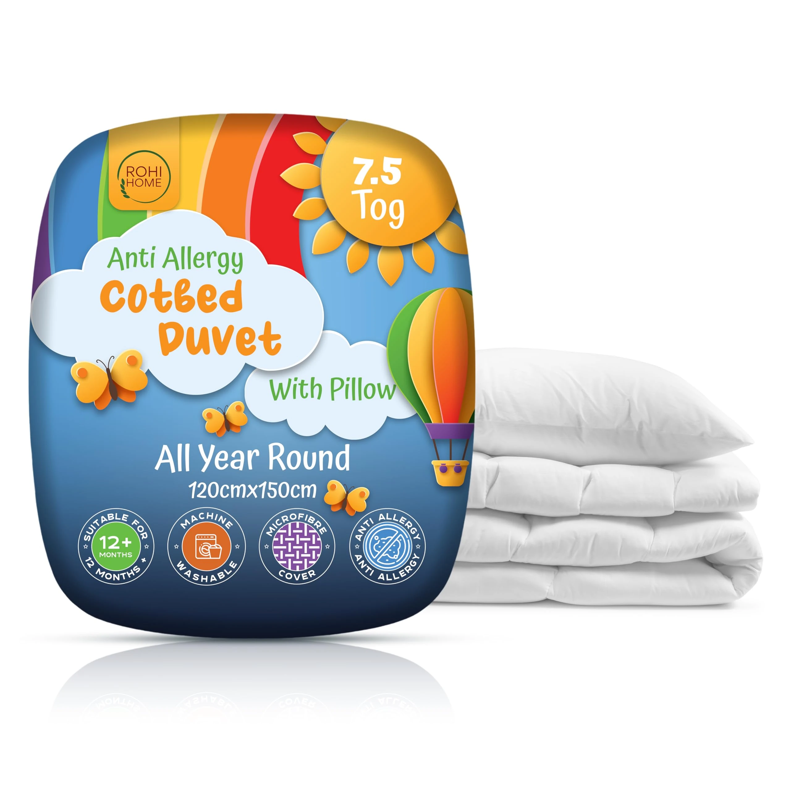 Rohi 7.5 Tog Cot Bed Duvet and Pillow Set – Microfibre Anti-Allergy Toddler Duvet & Pillow – Lightweight, Breathable & Ultra Comfy Baby Quilt 120cm x 150cm