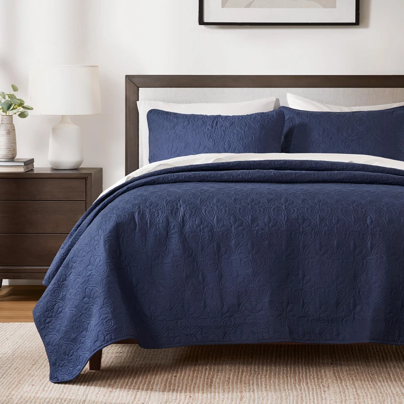 Madison Park Anti-Microbial, Cotton Filled Lightweight Coverlet Bedspread Bedding, Shams, Polyester, Navy, Cal King(104"x94")