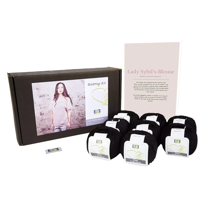 DesignEtte Lady Sybil’s Adults Knitting Kit 100 Percent Mercerized Egyptian Cotton Wool Yarn Balls and Pattern in a Set Beginner Starter Handcrafts Pack Box 50g≈127m/5ply Black 7, 3XL