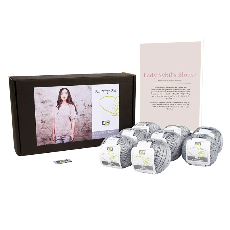 DesignEtte Lady Sybil’s Adults Knitting Kit 100 Percent Mercerized Egyptian Cotton Wool Yarn Balls and Pattern in a Set Beginner Starter Handcrafts Pack Box 50g≈127m/5ply Grey 2X-Large No-s-9915 - Image 1