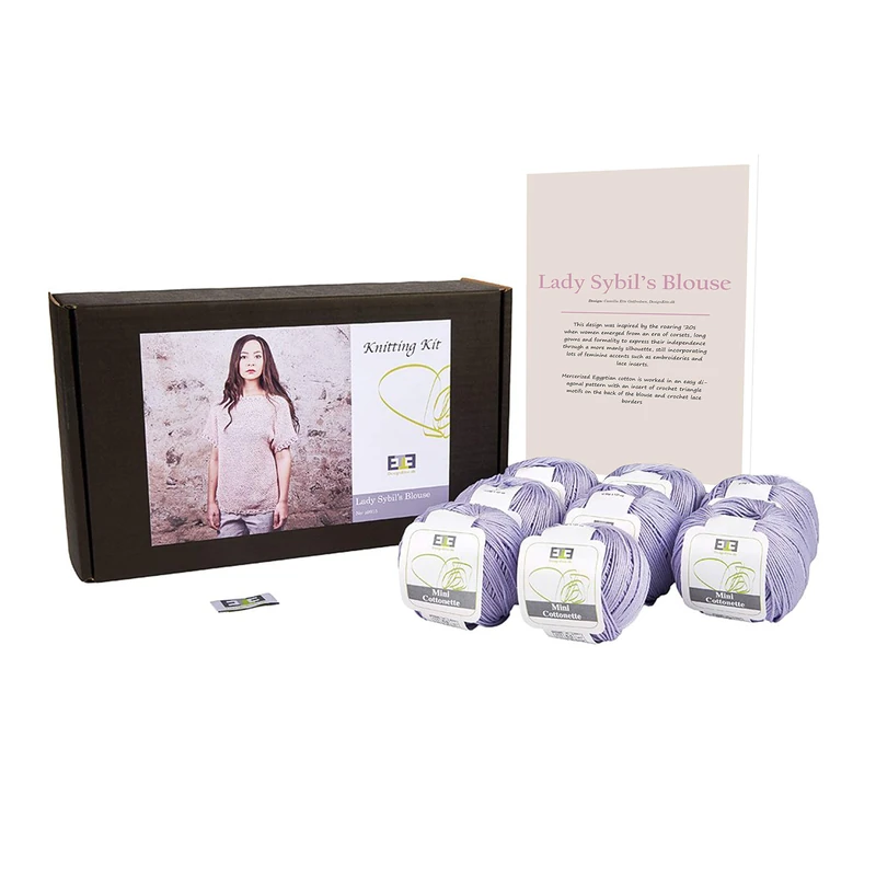 DesignEtte Lady Sybil’s Adults Knitting Kit 100 Percent Mercerized Egyptian Cotton Wool Yarn Balls and Pattern in a Set Beginner Starter Handcrafts Pack Box 50g≈127m/5ply Lavender 339, 3XL