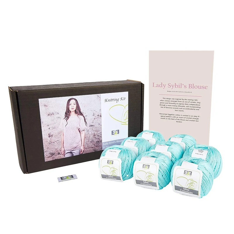 DesignEtte Lady Sybil’s Adults Knitting Kit 100 Percent Mercerized Egyptian Cotton Wool Yarn Balls and Pattern in a Set Beginner Starter Handcrafts Pack Box 50g≈127m/5ply Bubblegum Blue, L