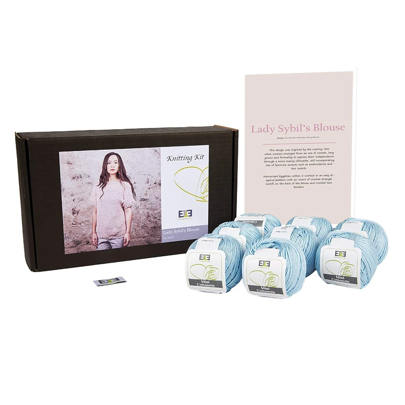 DesignEtte Lady Sybil’s Adults Knitting Kit 100 Percent Mercerized Egyptian Cotton Wool Yarn Balls and Pattern in a Set Beginner Starter Handcrafts Pack Box 50g≈127m/5ply Baby Blue 2, M-L - Image 1