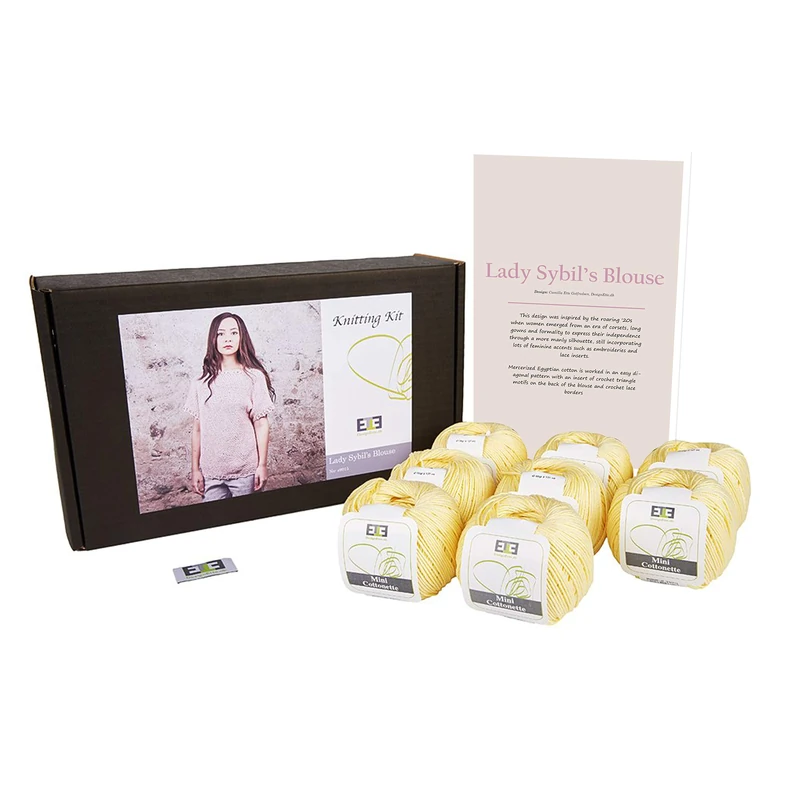 DesignEtte Lady Sybil’s Adults Knitting Kit 100 Percent Mercerized Egyptian Cotton Wool Yarn Balls and Pattern in a Set Beginner Starter Handcrafts Pack Box 50g≈127m/5ply Mellon Yellow 1, XL