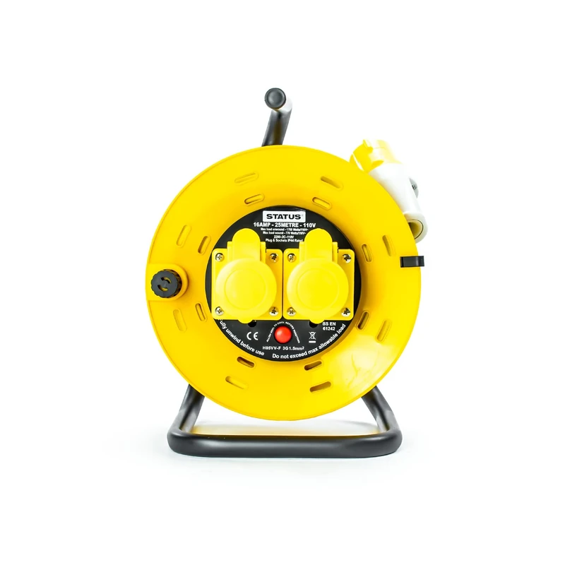 STATUS 2 Socket Cable Reel, 25m, Yellow, 16 Amp, 110 Volt, Heavy Duty Extension Lead, Thermal Cut Out, Outdoor Safe, Ideal for Site Work, Power Tools, DIY, Trade Use (S25M-110VOLT-CR1)