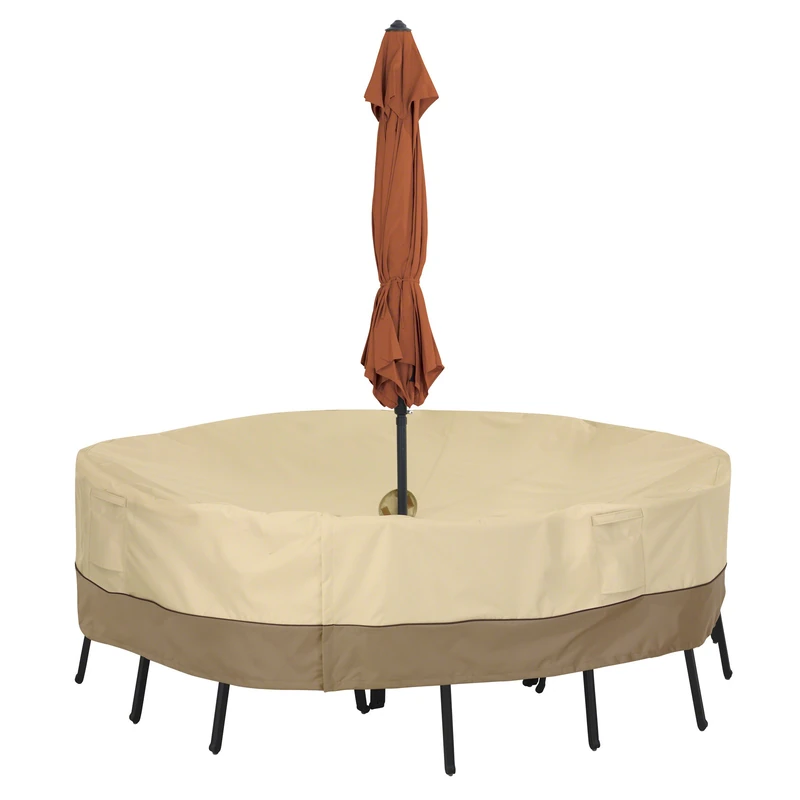 Classic Accessories 55-461-031501-00 Veranda Round Patio Table and Chair Set Cover with Umbrella Hole Durable and Water Resistant Patio Set Cover, Pebble, Medium