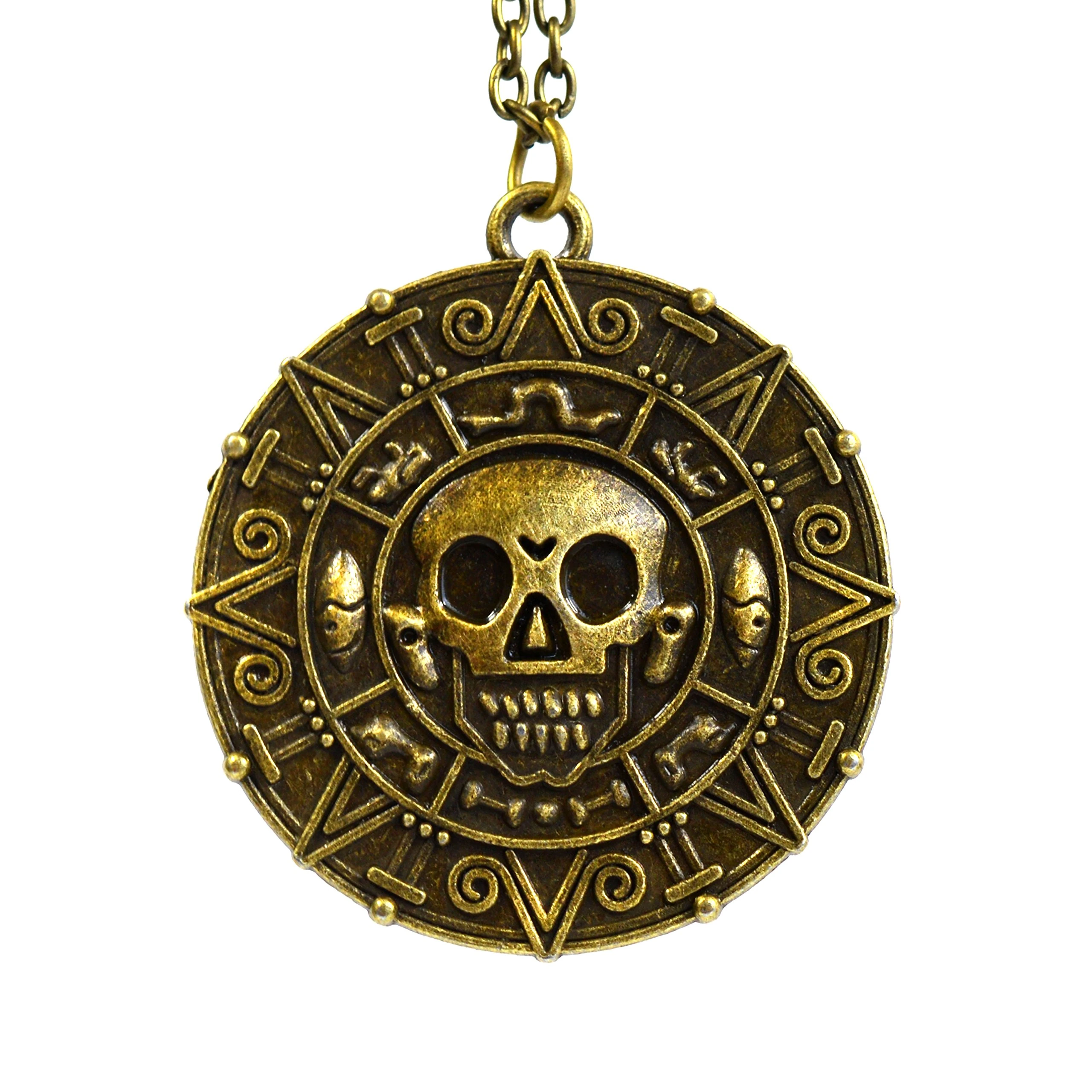 Beaux Bijoux Bronze - Pirates Aztec Coin Medallion Skull Charm Fancy Dress Necklace - Coin Necklace
